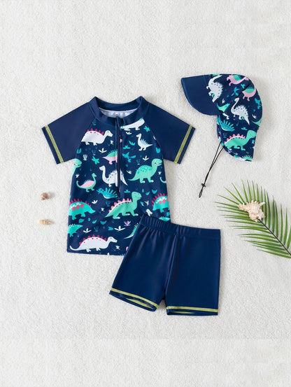 Kinderzwempak UV 50+ bescherming Mambobaby™ 3-delig – Marineblauwe zwemset met dierenprint...