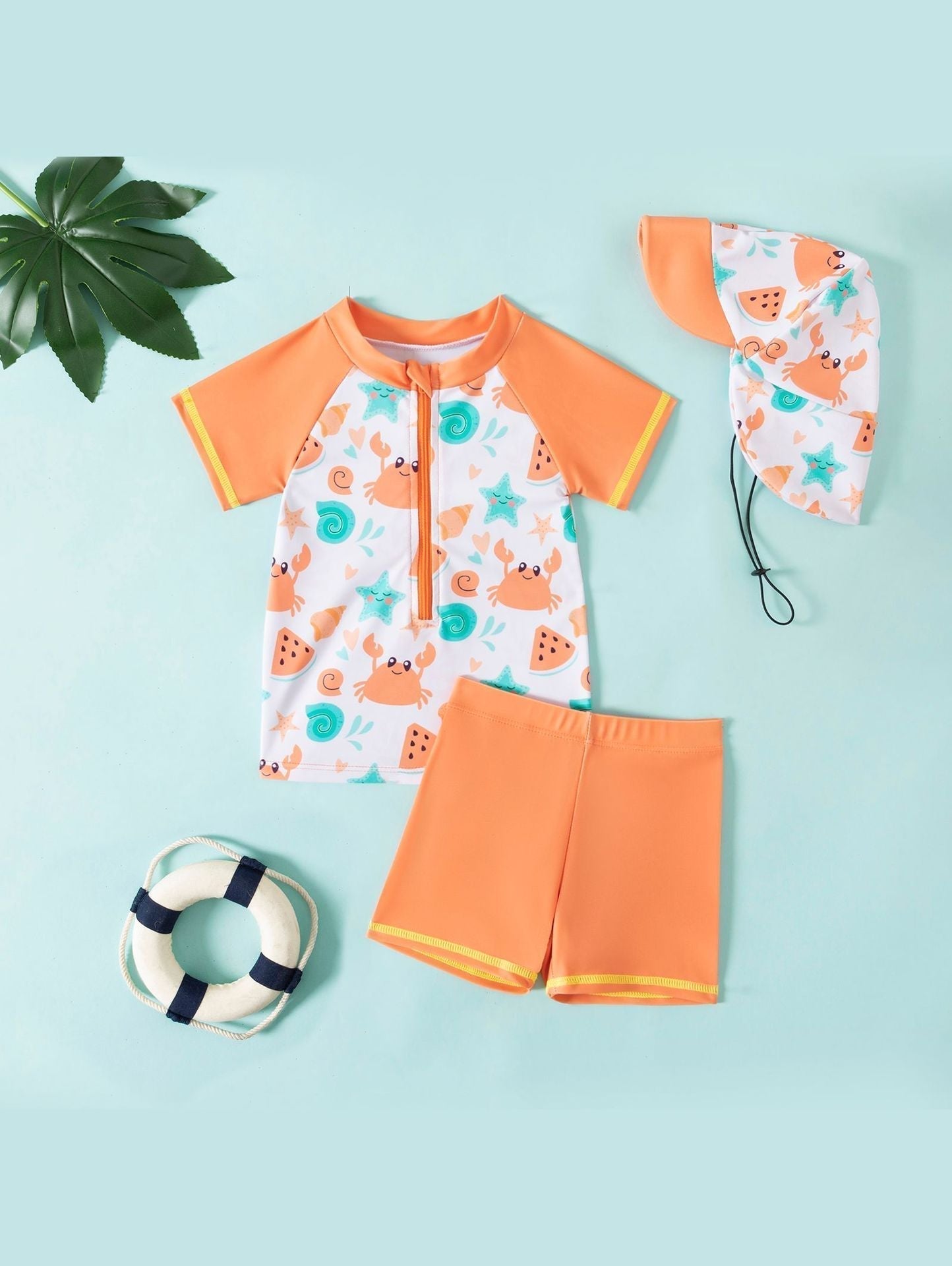 Kinderzwempak UV 50+ bescherming Mambobaby™ 3-delig – Oranje zwemset met rits, broek...