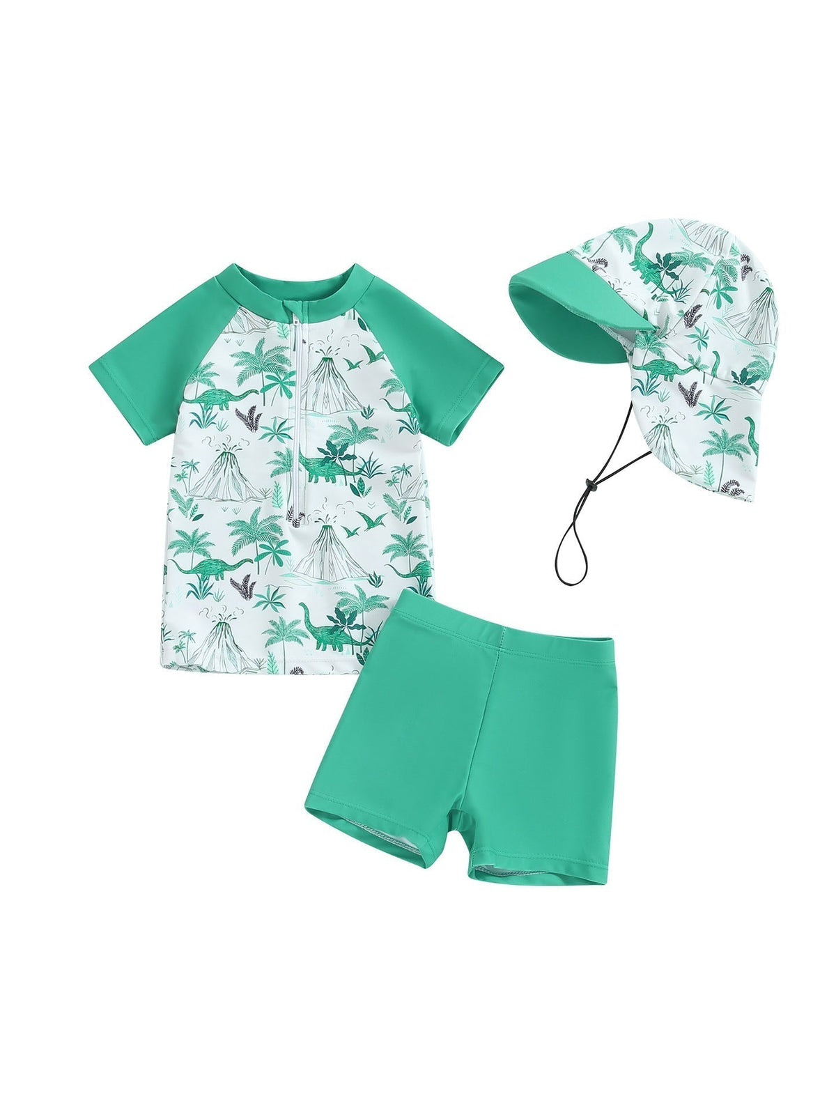 Kinderzwempak UV 50+ bescherming Mambobaby™ 3-delig – Groene zwemset met tropische print...