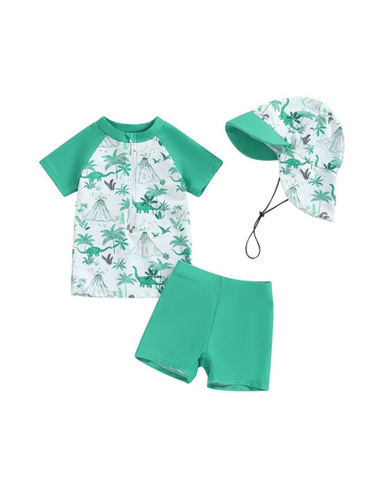 Kinderzwempak UV 50+ bescherming Mambobaby™ 3-delig – Groene zwemset met tropische print...