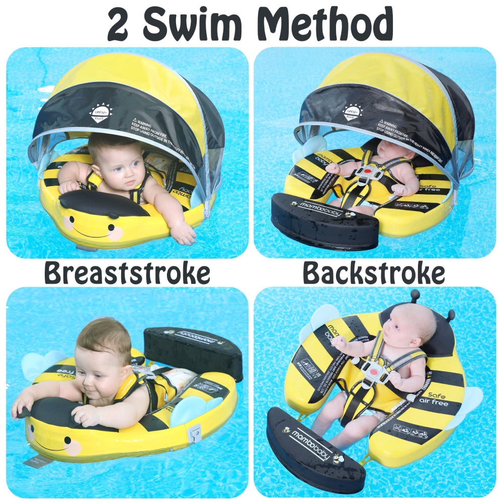 Babyfloat zonder lucht Mambobaby™ Bij – Gele babyfloat zonder lucht met zwarte kap, gebruikt in het water