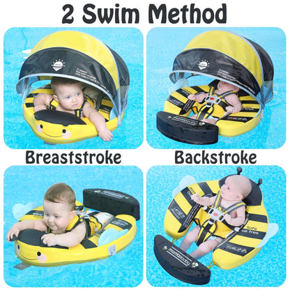 Babyfloat zonder lucht Mambobaby™ Bij – Gele babyfloat zonder lucht met zwarte kap, gebruikt in het water