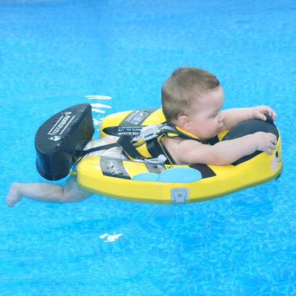 Babyfloat zonder lucht Mambobaby™ Bij – Gele babyfloat zonder lucht met harnas, baby erin in zwembad