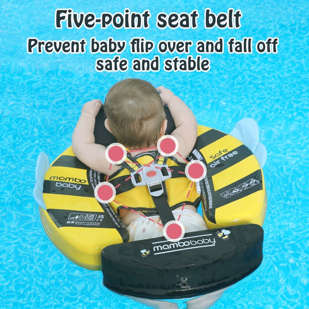 Babyfloat zonder lucht Mambobaby™ Bij – Babyfloat met 5-punts veiligheidsgordel, baby vastgemaakt in gele bij