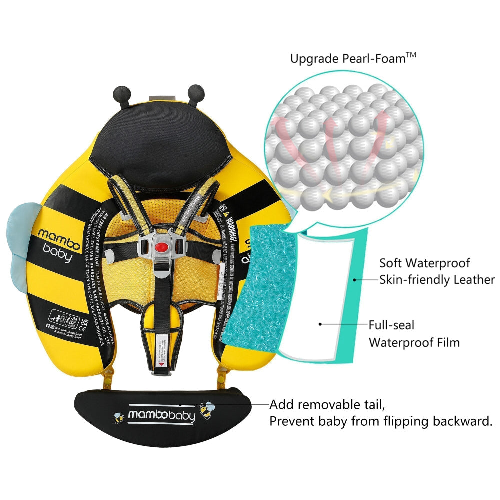 Babyfloat zonder lucht Mambobaby™ met geel bijen-ontwerp en zwart harnas