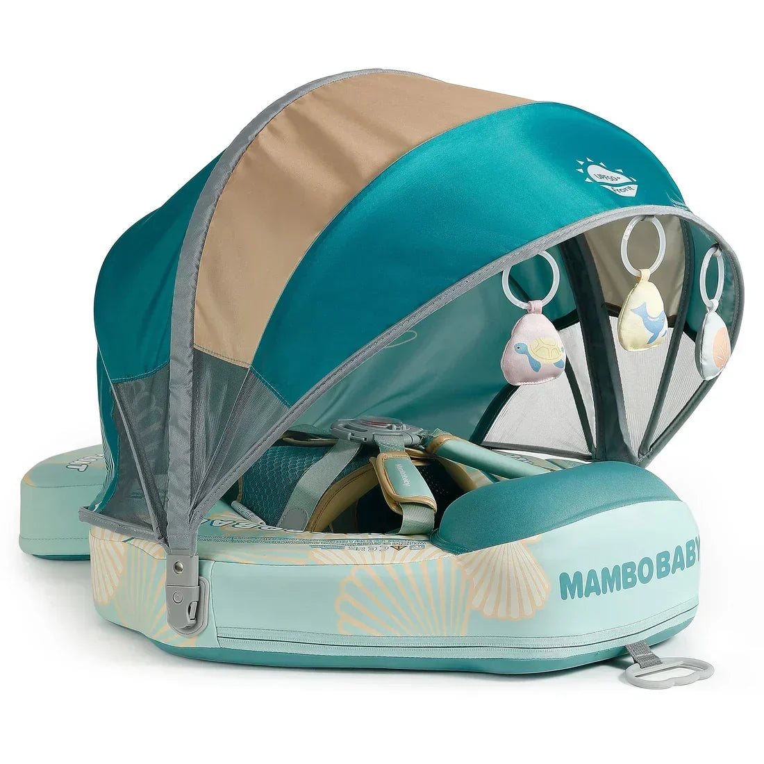 Babyfloat zonder lucht Mambobaby™ met blauwgroen kapje en doorschijnend gaas