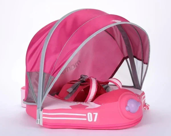 Luchtvrij babyfloat Mambobaby™ Vliegtuig Ontdekker – Zwemhulp zonder drijvers met roze zonnekap en kinderharnas