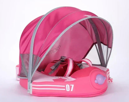 Luchtvrij babyfloat Mambobaby™ Vliegtuig Ontdekker – Zwemhulp zonder drijvers met roze zonnekap en kinderharnas