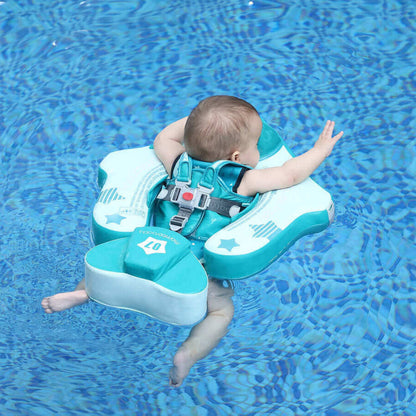 Luchtvrij babyfloat Mambobaby™ Vliegtuig Ontdekker – Turquoise drijfstoeltje met veiligheidsharnas en beensteun