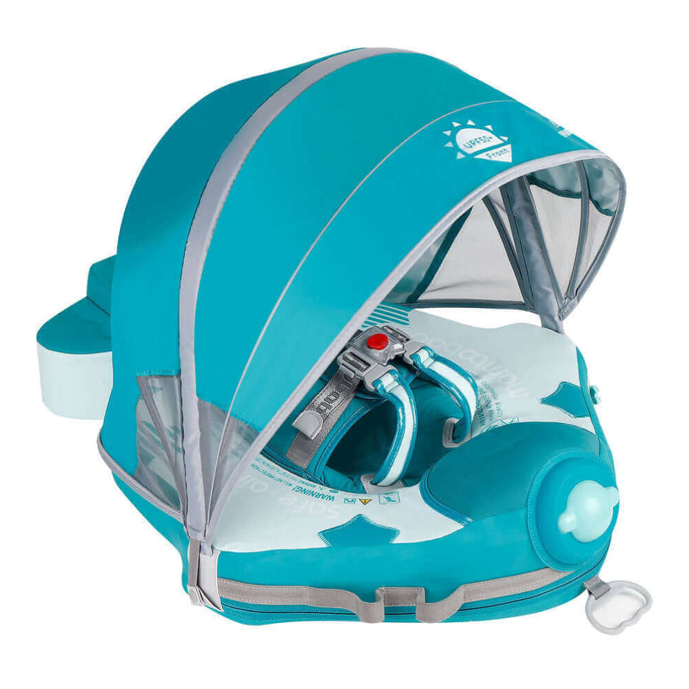 Luchtvrij babyfloat Mambobaby™ Vliegtuig Ontdekker – Zwemhulp met zonnekap en harnas, compact turquoise drijfhulpje