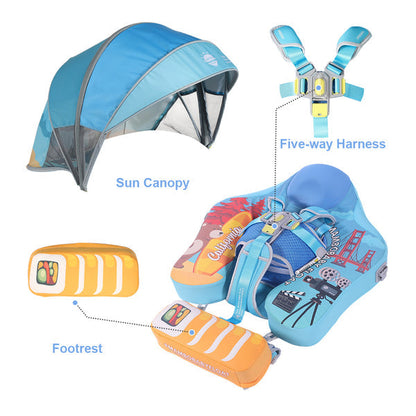 Mambobaby™ California luchtvrij babyfloat – zwemhulp met UV-zonnedak, 5-punts harnas en voetsteun