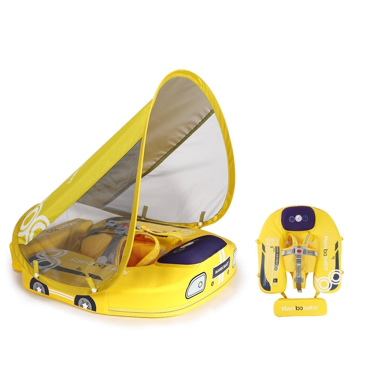 Babyfloat zonder lucht Mambobaby™ Auto – Gele babyfloat zonder lucht met transparante kap en veiligheidsriemen