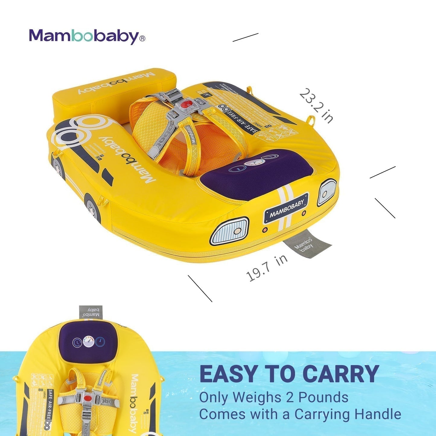 Babyfloat zonder lucht Mambobaby™ Auto – Gele babyfloat zonder lucht met kap en handvatten, met auto-ontwerp