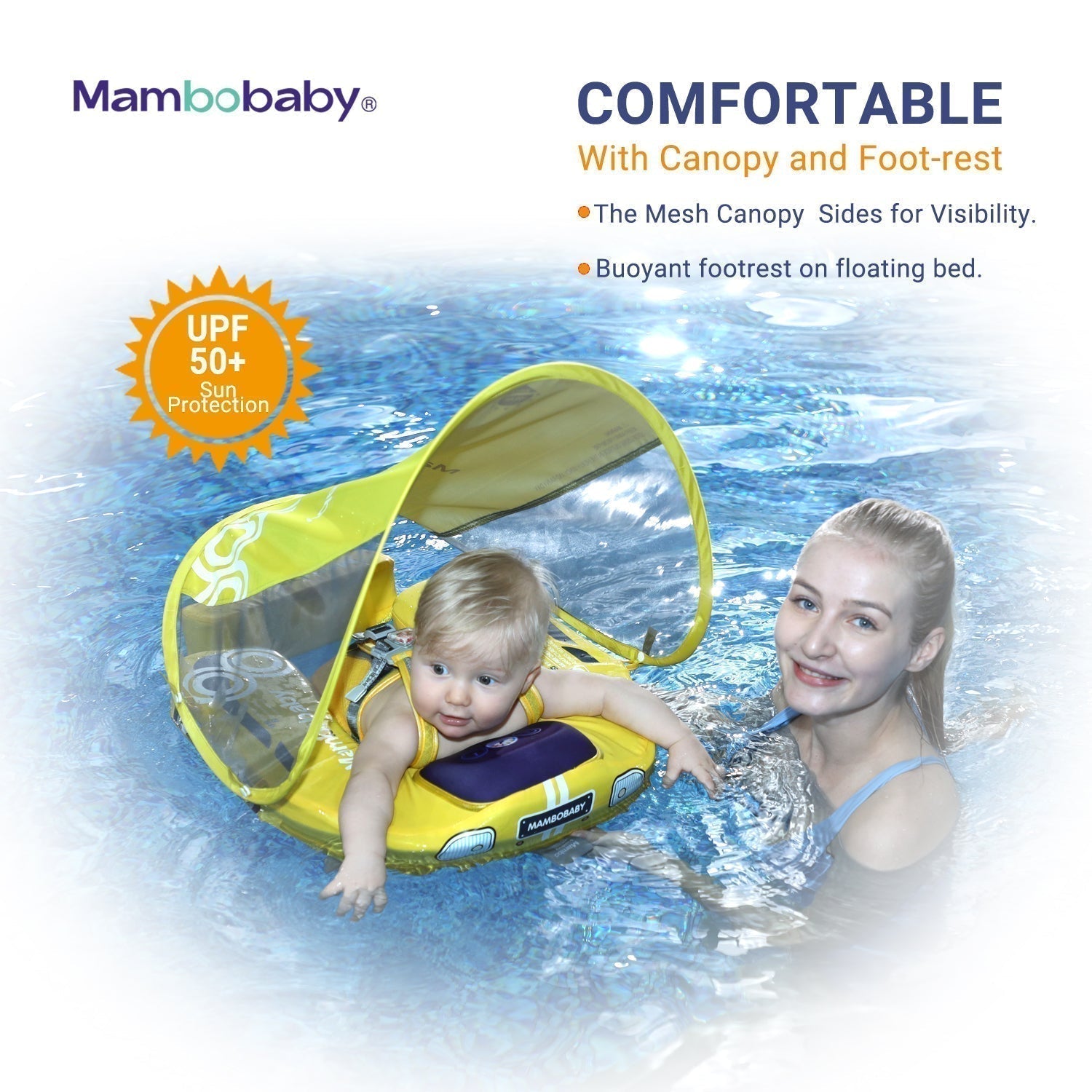 Babyfloat zonder lucht Mambobaby™ Auto – Gele babyfloat zonder lucht met kap en voetsteun, voor gebruik in water