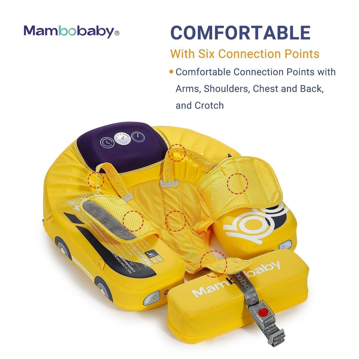 Babyfloat zonder lucht Mambobaby™ Auto – Gele babyfloat zonder lucht met meerdere bevestigingspunten en riem
