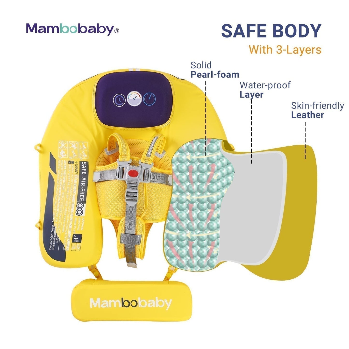 Babyfloat zonder lucht Mambobaby™ Auto – Gele babyfloat zonder lucht met zicht op beschermlagen en zitje