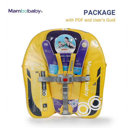 Babyfloat zonder lucht Mambobaby™ Auto – Verpakking van de gele babyfloat zonder lucht met harnas en gebruikershandleidingen