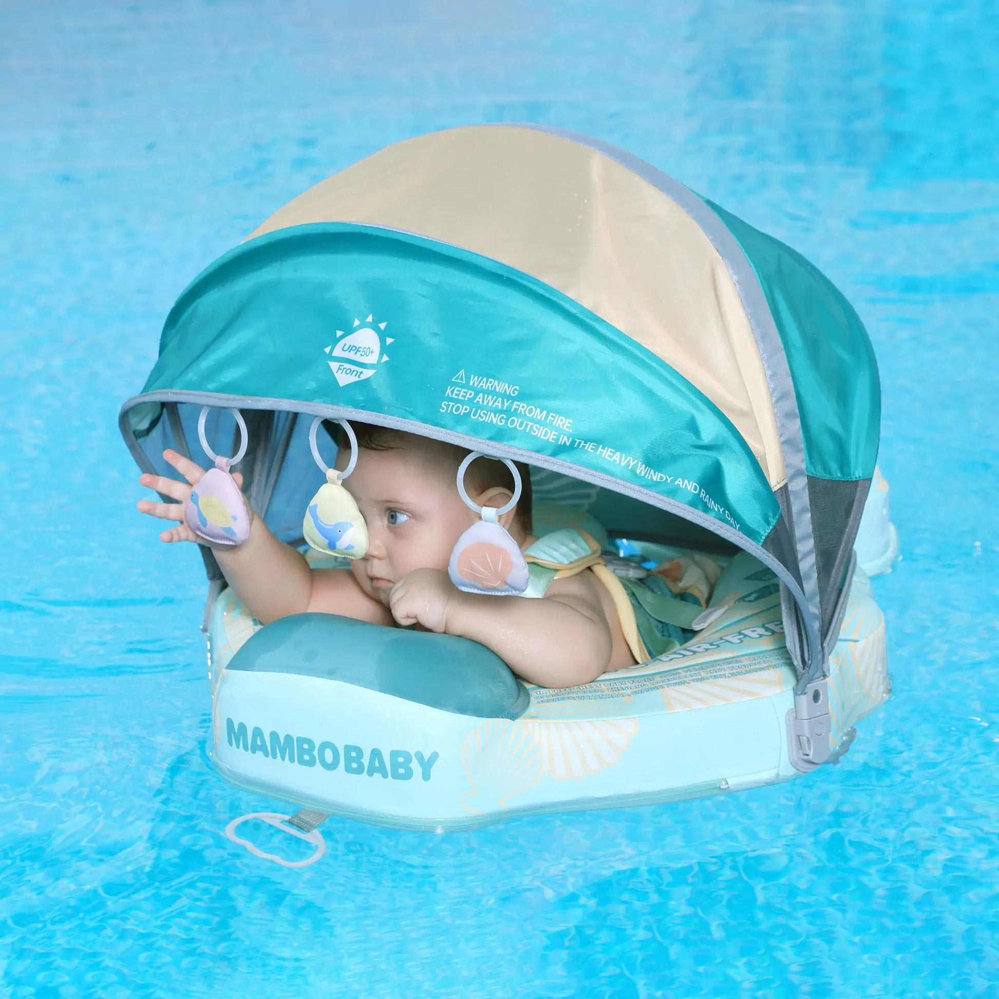 Mambobaby™ Schelp reis-babyfloat zonder lucht – reisfloat turquoise, baby erin met zonnekap en...