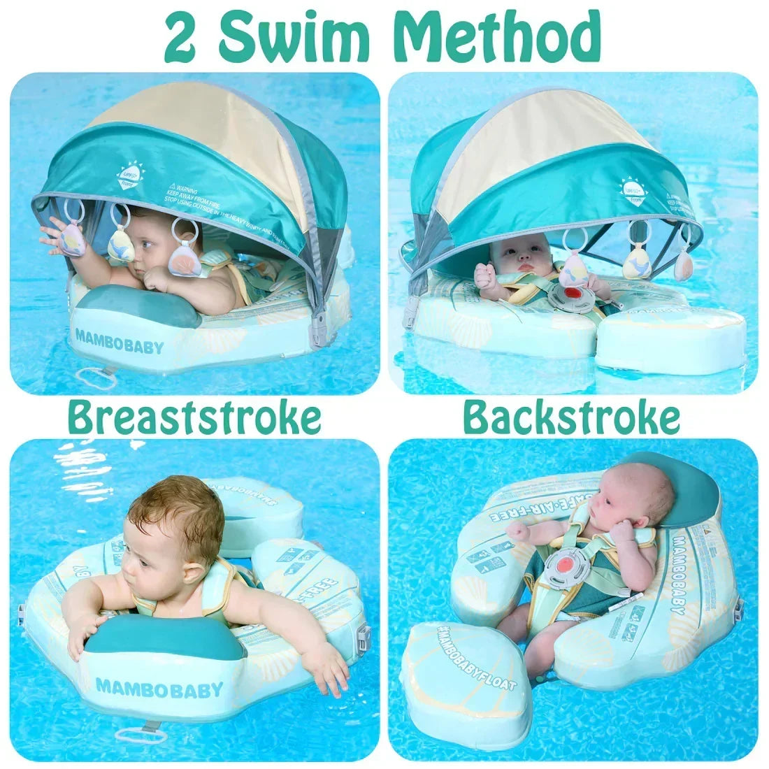 Mambobaby™ Schelp reis-babyfloat zonder lucht – reisfloat turquoise, vooraanzicht van de zonnekap en...