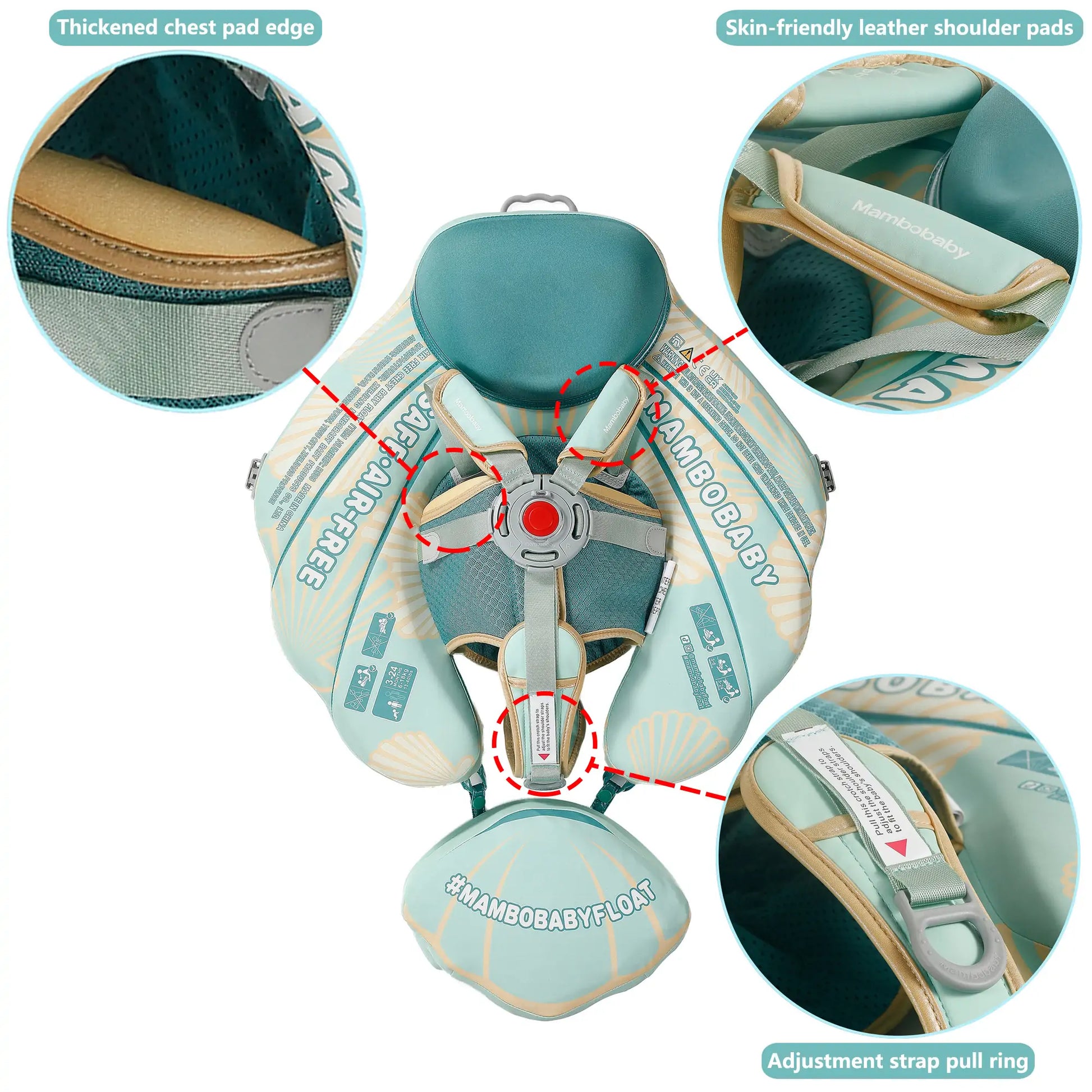 Mambobaby™ Schelp reis-babyfloat zonder lucht – reisfloat turquoise, centraal harnas met riemen...