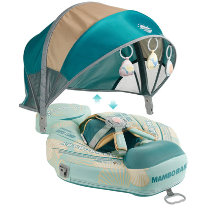Mambobaby™ Schelp reis-babyfloat zonder lucht – reisfloat turquoise en beige, met zonnekap...