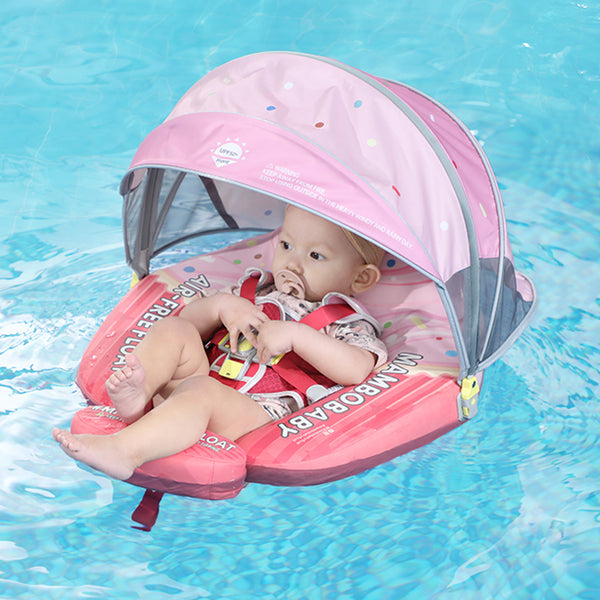 Mambobaby™ zwemfloat met grijze en roze UV-kap en veiligheidsharnas