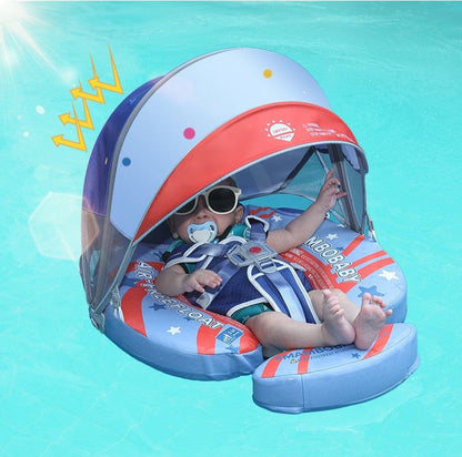 Mambobaby™ Amerikaanse Donut babyfloat – Niet-opblaasbaar zwemhulpje met blauwe en rode UV-kap en rugsteun...