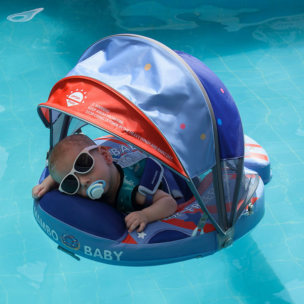 Mambobaby™ Amerikaanse Donut babyfloat – Niet-opblaasbaar zwemhulpje in donutvorm blauw en rood met doorzichtige kap en...
