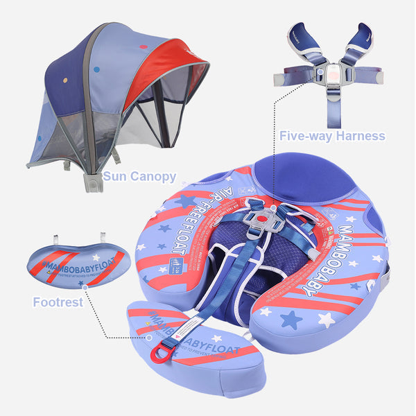 Mambobaby™ Amerikaanse Donut babyfloat – Niet-opblaasbaar donut-zwemhulpje met 5-punts harnas, zonnekap en voetsteun