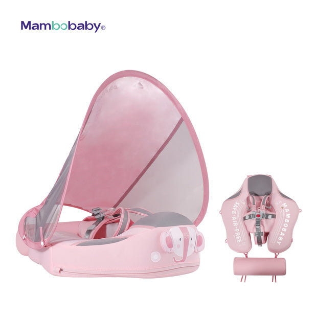 Luchtvrij babyfloat Mambobaby™ Olifant – Zwemhulpje in olifantvorm, roze, gaas-zonnekap en riemen