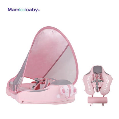 Luchtvrij babyfloat Mambobaby™ Olifant – Zwemhulpje in olifantvorm, roze, gaas-zonnekap en riemen