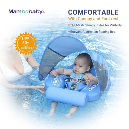 Luchtvrij babyfloat Mambobaby™ Olifant – Zwemhulpje met zonnekap en voetsteun, blauw, bevestigingsharnas