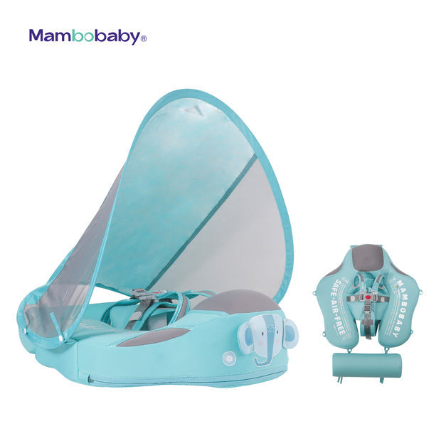 Luchtvrij babyfloat Mambobaby™ Olifant – Zwemhulpje met olifant, hemelsblauw, gaas-zonnekap en riemen
