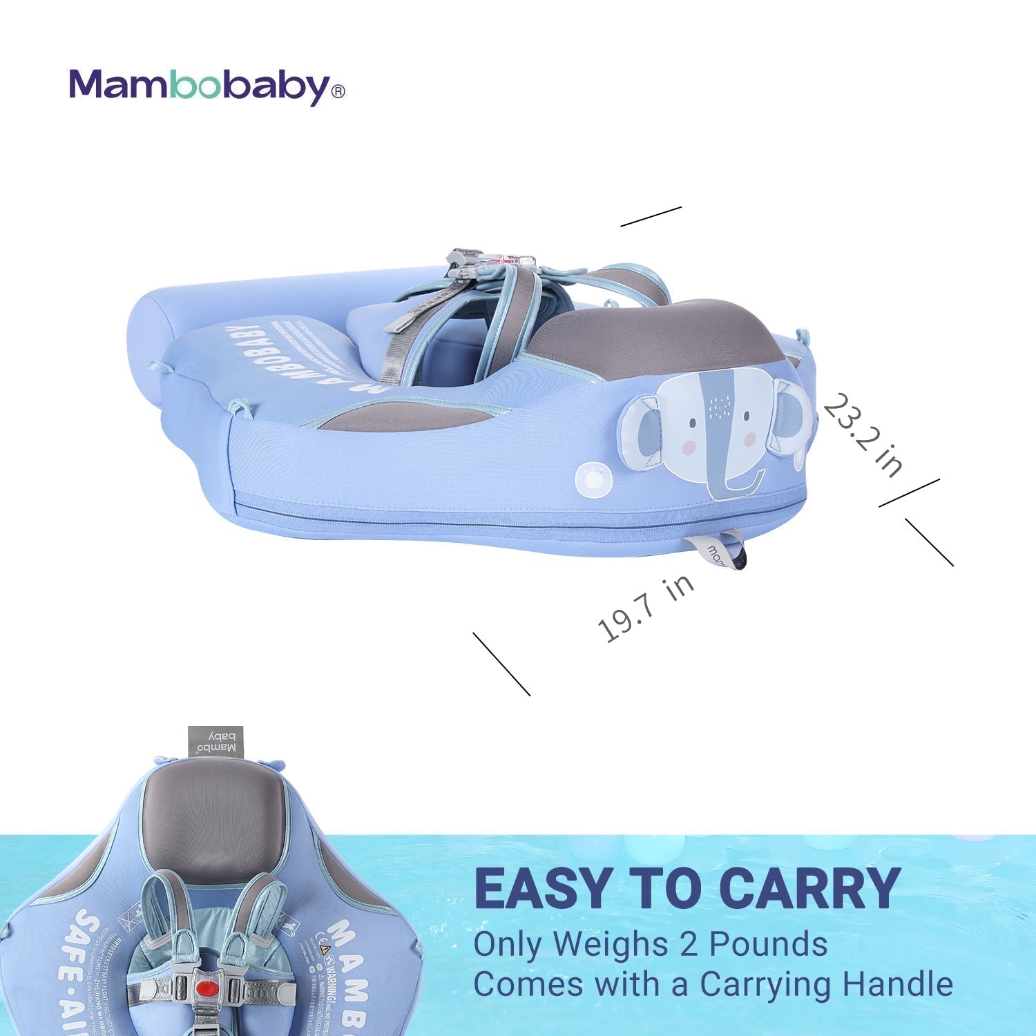 Luchtvrij babyfloat Mambobaby™ Olifant – Lichtblauw met draaghandvat en voorharnas