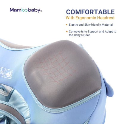 Luchtvrij babyfloat Mambobaby™ Olifant – Lichtblauw met ergonomische grijze hoofdsteun