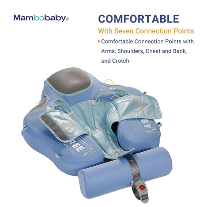 Luchtvrij babyfloat Mambobaby™ Olifant – Lichtblauw met harnas en bevestigingspunten op de romp