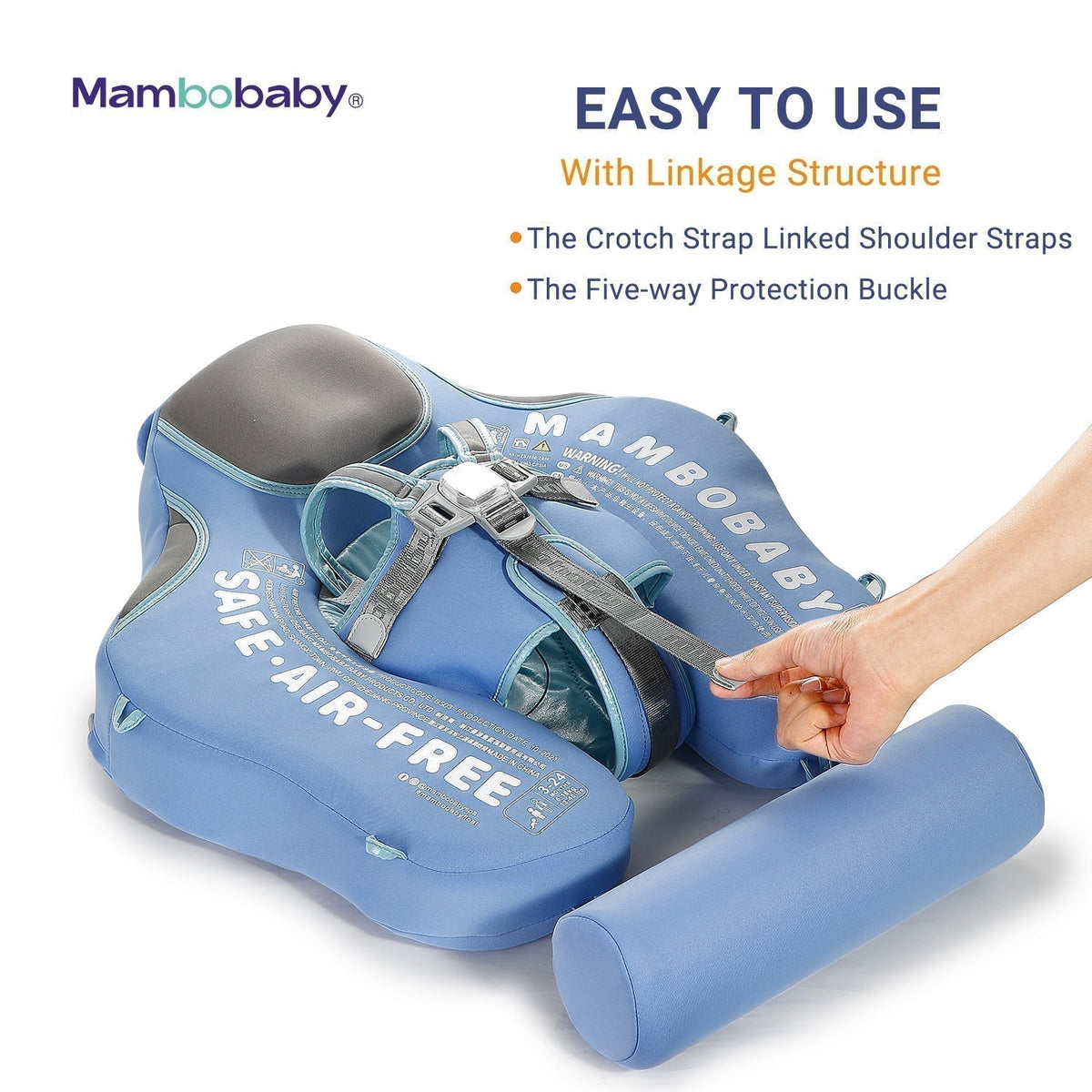 Luchtvrij babyfloat Mambobaby™ Olifant – Lichtblauw met voorgesp en kruisriem
