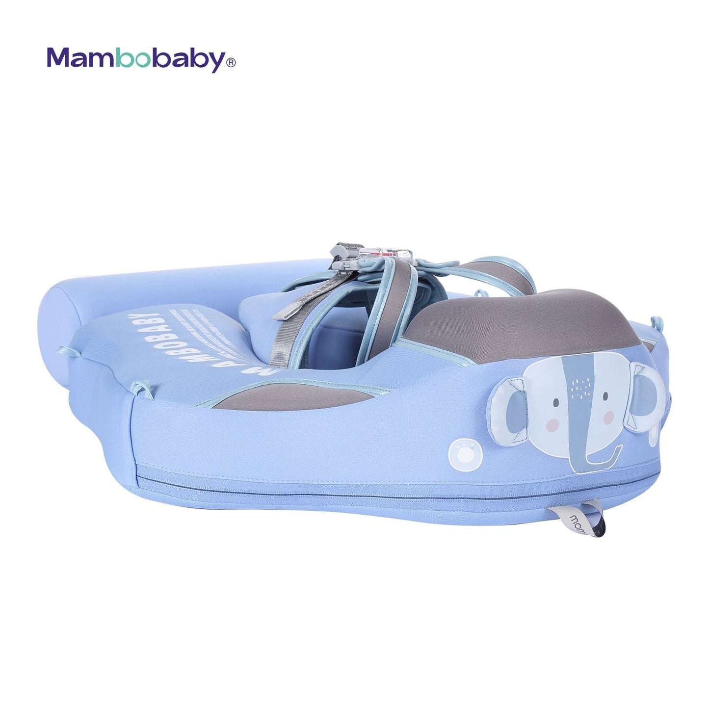 Luchtvrij babyfloat Mambobaby™ Olifant – Lichtblauw met olifant en uitgeklapte gaas-zonnekap