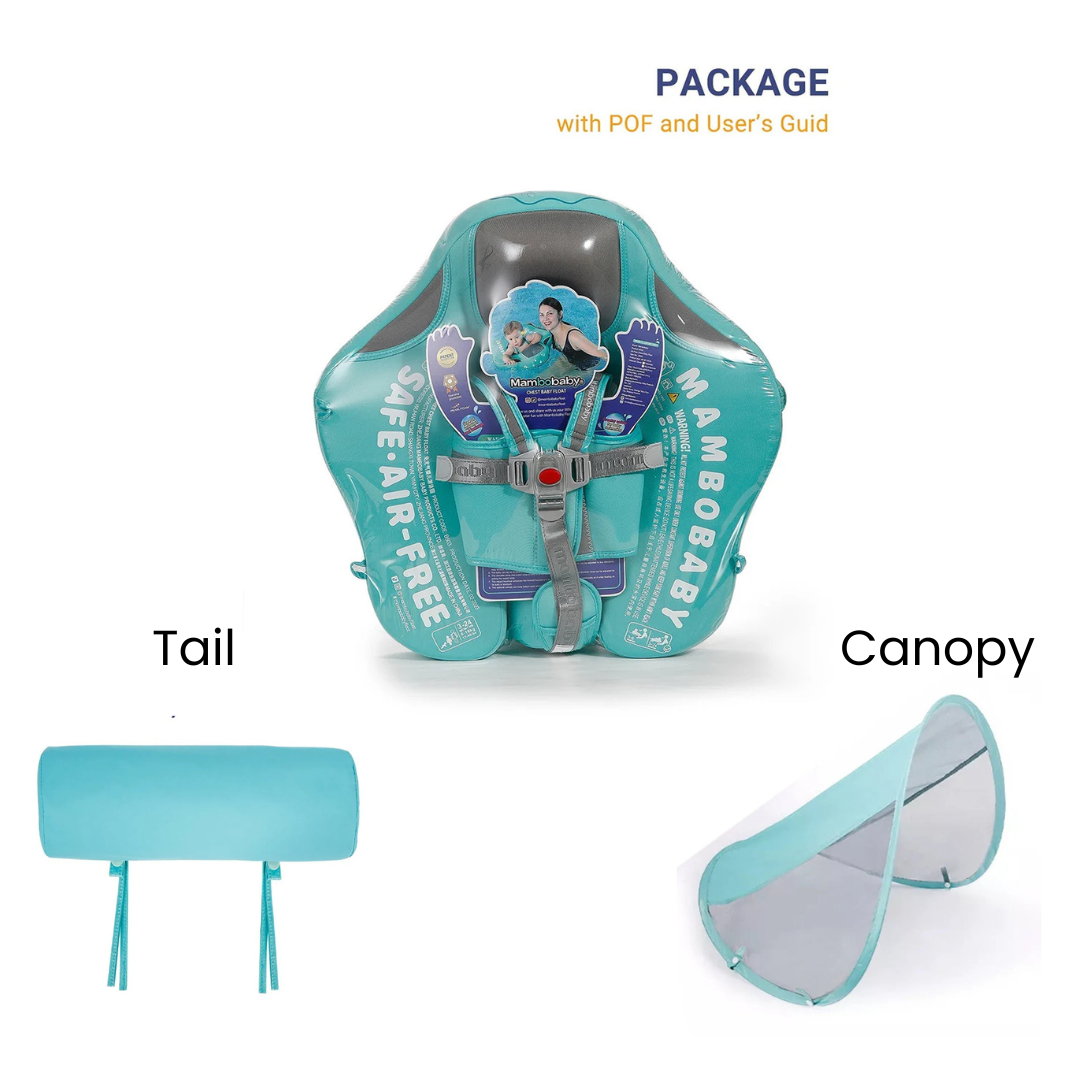 Mambobaby™ Flamingo babyfloat zonder lucht – Turquoise zwemring met kap en onderdelen van de kit, getoond met de...