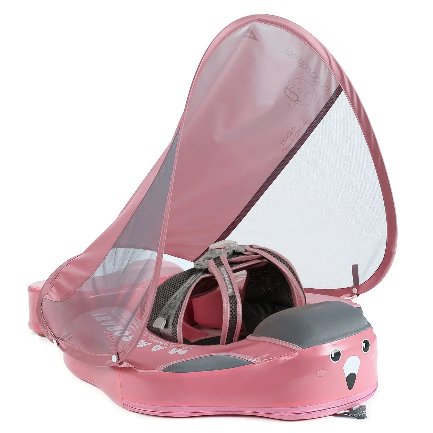Mambobaby™ Flamingo babyfloat zonder lucht – Roze zwemring voor baby met kap en gewatteerd zitje, riemen van...