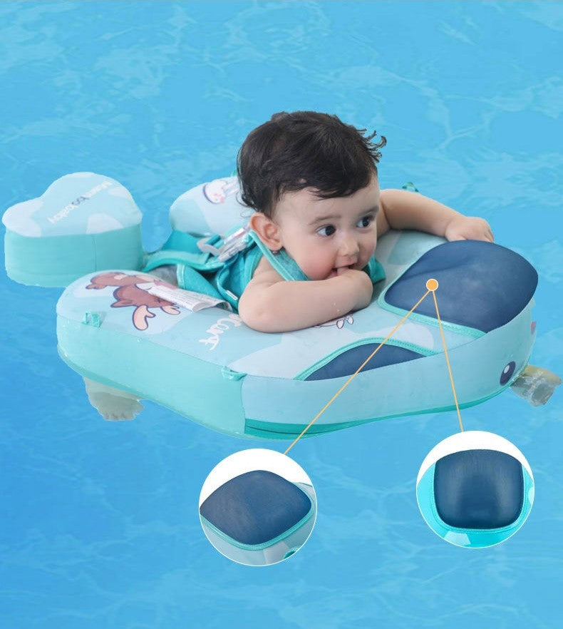 Mambobaby™ KuKuKiKi babyfloat zonder lucht – Turquoise drijfhulp met baby erin en twee handvatten op de float