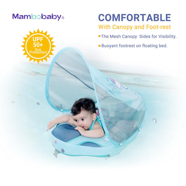 Mambobaby™ KuKuKiKi babyfloat zonder lucht – Drijfhulp voor baby met gaas-koepel en leunende baby, turquoise