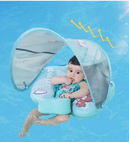 Mambobaby™ KuKuKiKi babyfloat zonder lucht – Turquoise drijfhulp met baby en geopende koepel, beschermend gaas