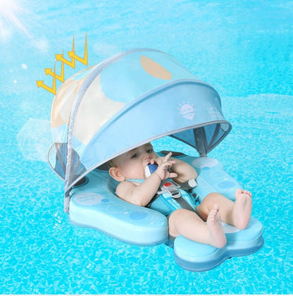 Luchtvrij babyfloat Mambobaby™ Zeeleeuw – Zwemhulp blauw met UV-dak; baby met gewatteerde hoofdsteun in het zwembad