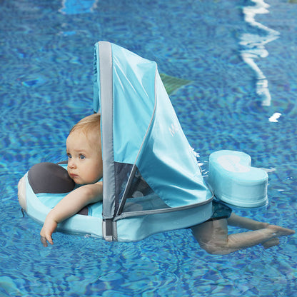 Luchtvrij babyfloat Mambobaby™ Zeeleeuw – Zwemhulp blauw met UV-dak; baby op de babyfloat, zijaanzicht