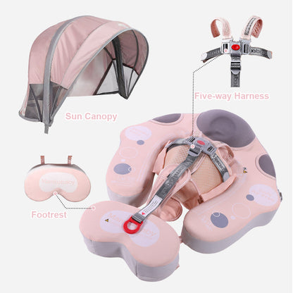 Luchtvrij babyfloat Mambobaby™ Zeeleeuw – Zwemhulp roze met UV-dak, voetsteun en harnas; onderdelenoverzicht