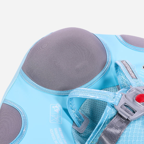 Luchtvrij babyfloat Mambobaby™ Zeeleeuw – Detail van zwemhulp blauw met grijs UV-dak en verstelbaar harnas