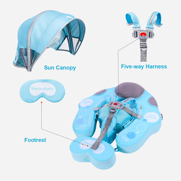 Luchtvrij babyfloat Mambobaby™ Zeeleeuw – Zwemhulp blauw met UV-dak, voetsteun en harnas; onderdelendiagram
