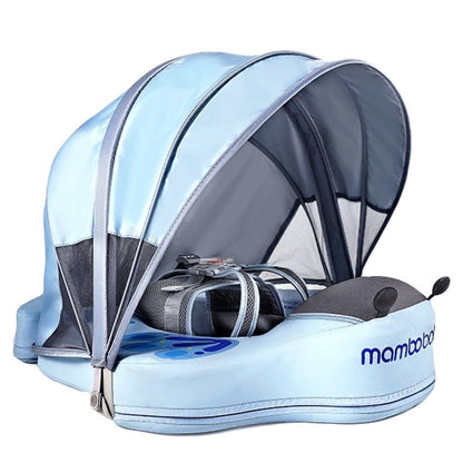 Mambobaby™ Vlinder babyfloat – Niet-opblaasbaar zwemhulpje met blauwe zonnekap en grijs harnas, vooraanzicht.