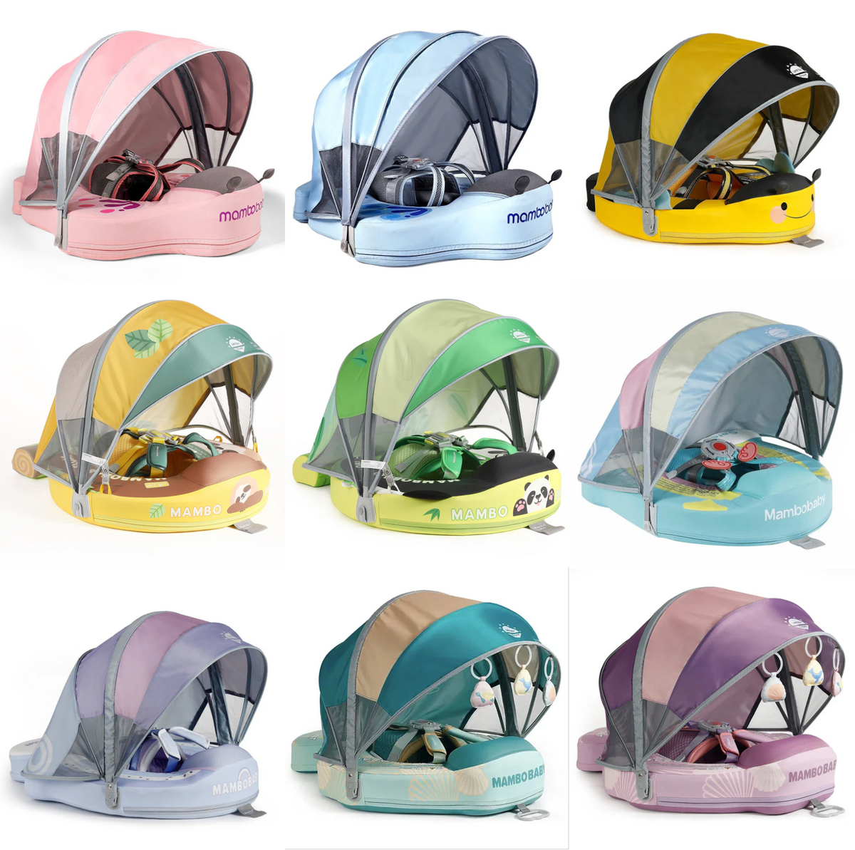 Mambobaby™ Vlinder babyfloat – Niet-opblaasbare zwemhulpjes met zonnekap in verschillende kleuren, algemeen overzicht.